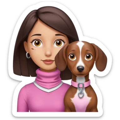 a brunette girl, olive skin, hazel eyes, pink top, neck brace on her neck, piebald dachshund next to her sticker