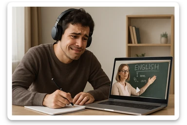 A person with headphones, watching an English lesson on a laptop, taking notes, showing both struggle and enthusiasm, no speech bubbles or text sticker