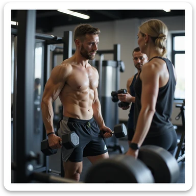 man in gym, wearing sportswear, alternating exercises between isotonic machine and dumbbells, personal trainer observing and advising, atmosphere of learning, realistic details, modern gym background, 4K quality sticker