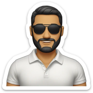 Spanish guy, black slickback haircut, beard, aviator sunglasses, wearing a polo tshirt sticker