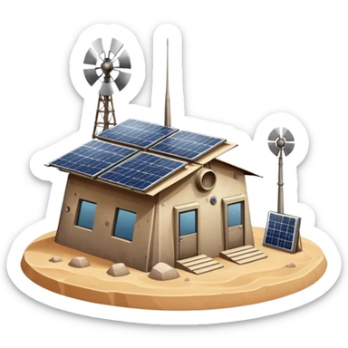 Desert outpost with solar panels and antennas sticker