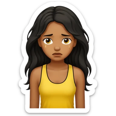 brown pretty bratz girl with long wavy black hair, wearing a yellow tank top. looking sad sticker