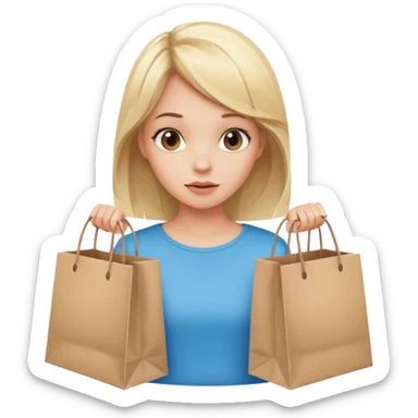 Cozy girl looking left and right between two shopping bags, playful puzzled expression — can’t decide between two options sticker
