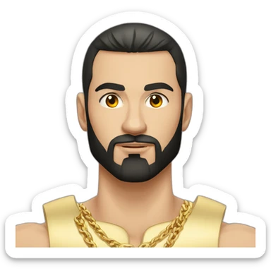Russian muscular thug man aged 26 wearing gold chain with black hair and short beard sticker