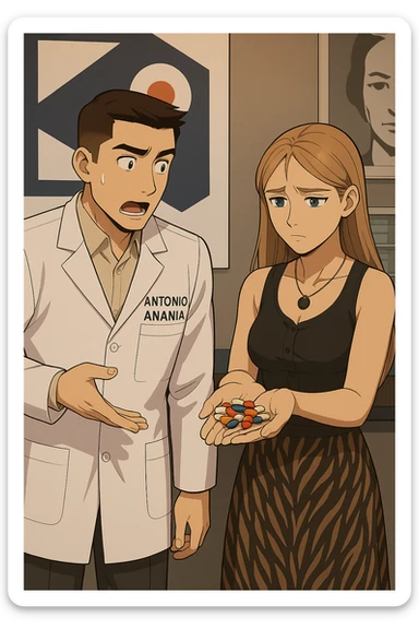 fai un webtoon/manga a colori con questo kinesiologo in camice bianco (fagli la scritta "ANTONIO ANANIA" SUL CAMICE) CHE PARLA CON QUESTA RAGAZZA CON GLI OCCHI AZZURRI. la ragazza gli fa una domanda e IL KINESIOLOGO CON IL CAMICE BIANCO LE risponde. NON FARE I FUMETTI, FAI SOLO LORO COME SE DIALOGASSERO sticker