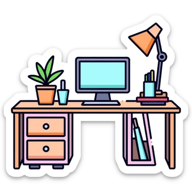Clean and organized workspace desk with a computer monitor and a small potted plant, minimal clutter, organized office supplies sticker