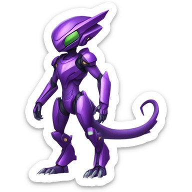 a purple-green Genesect-Raptor-Fakémon—hybrid with a futuristic visor-helmet full body sticker