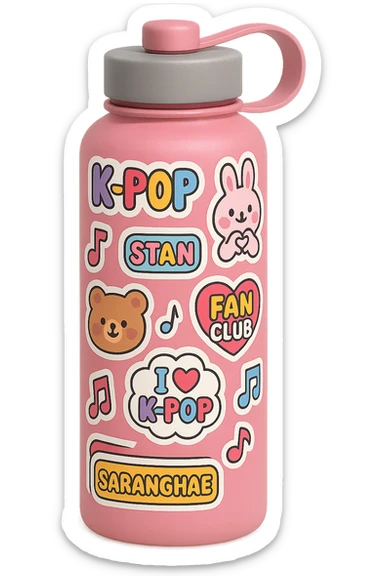 pink kpop fan club water bottle with fun and collectible stickers sticker