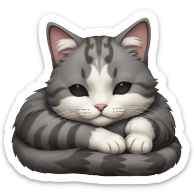 dark grey and white small cat with closed eyes, leaning his head on his paw while leaning on his elbow lying down sticker