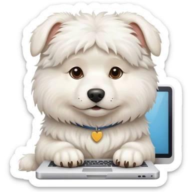 white fluffy dog with computer and book sticker