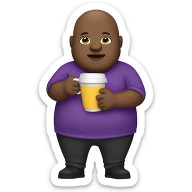 Fat bald black guy with purple outfit holding a cup  sticker