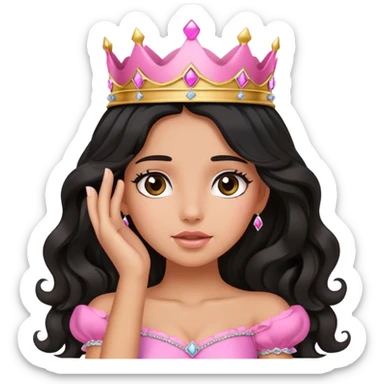 Very very very tanned skin princess, with long black wavy hair and crown and an pink princess outfit with a cute pose switch hand on her face sticker