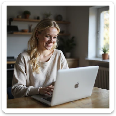 a beautiful blonde woman smiling and online shopping on her laptop, photorealistic style, modern home background sticker