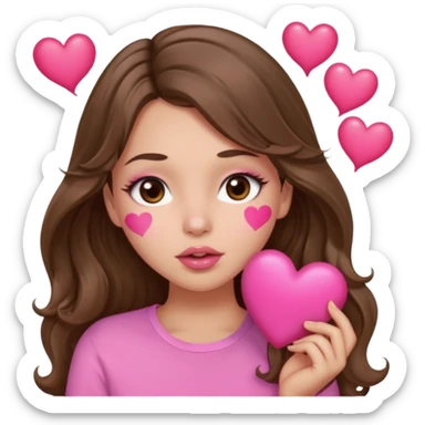 girl with long wavy brown hair, brown eyes, light to medium complexion, in a pink shirt, pink lips, long lashes, sexy , puckering lips kissing, blushing with hearts sticker
