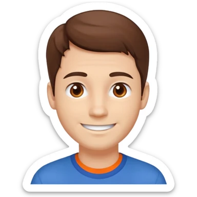 male, white skin, brown hair, brown eyes, orange and blue shirt sticker