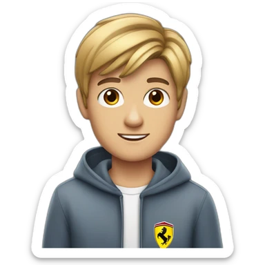 A male teenager with very short dart hair and brown eyes dressed as a ferrari supporter sticker