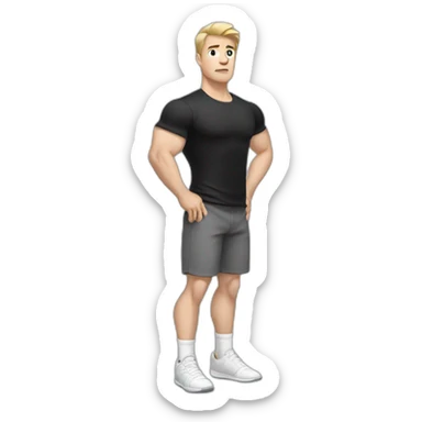 Confused Pale skinned Fit Man With the biceps and dark brown hair in black shirt, gray sports shorts and white Sneakers sticker