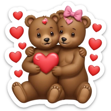 female bear with bow on her head and male bear hugging, couple, surrounded by hearts, playful and loving, cute, same height  sticker