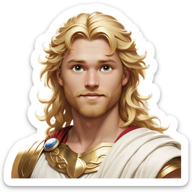 Cinematic Realistic Thor Portrait, head tilted playfully and inquisitively, showcasing his classical Greek god allure with a relaxed, yet commanding presence. His fair, radiant skin and flowing, wavy golden hair are highlighted by a gentle smile and twinkling, approachable eyes. Clad in a gracefully draped white toga with subtle golden embellishments, he exudes a lighthearted yet powerful charm under soft, natural lighting. sticker