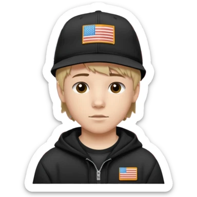 white  teen boy with short mullet haircut and black American flag flat bill hat at and wearing Carhartt sweatshirt sticker