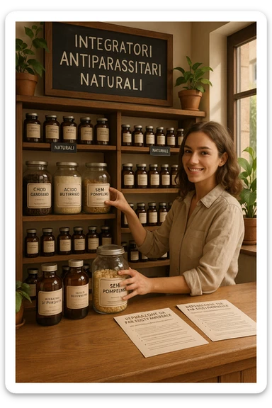 A realistic, well-lit herbal supplement store interior with wooden shelves neatly displaying glass jars and bottles labeled as ‘Chiodi di Garofano’, ‘Acido Butirrico’, and ‘Semi di Pompelmo’, organized in a clean and aesthetic manner. Small handwritten chalkboard signs indicate ‘Natural Antiparasitic Supplements’ above the section. The environment feels warm and trustworthy, with potted green plants adding freshness and a subtle sunlight entering through a window. A young shop assistant with a welcoming smile arranges the products, while informational leaflets about natural parasite cleansing are visible on a wooden counter, creating a holistic and health-conscious atmosphere in Italiano sticker