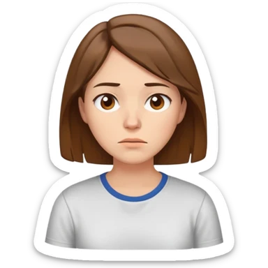 A young brown-haired woman with chin-length hair with fair skin, with brown eyes, looking tired of a shirt. sticker