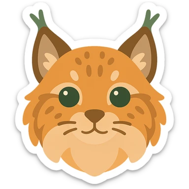 A cute and soft lynx face with big, expressive eyes, designed in a warm and magical color palette: golden orange (FA9B41), forest green (4A7C5C), muted taupe brown (96775A), and pastel peach (FFCC9A). The lynx’s fur is fluffy and soft, with a mix of warm browns and golden highlights. Its ears are tipped with tufts of fur in greenish tones, and its cheeks are gently rounded with subtle peach accents. The eyes are bright and curious, surrounded by soft fur in the warm color palette. The overall look is adorable, serene, and enchanting, evoking a gentle, woodland atmosphere. sticker