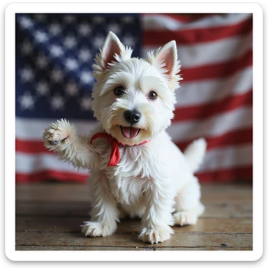 realistic West Highland White Terrier holding and waving an American flag with detailed fur texture sticker