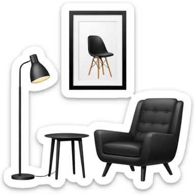 Minimalistic flat vector icon, iOS style, thin black contour on white background. Floor lamp and chair next to a framed picture on wall. Clean, no text, no shadows sticker