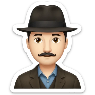 A light-skinned man with short dark hair, thin straight mustache, and a black fedora, with an oval face and calm look. sticker