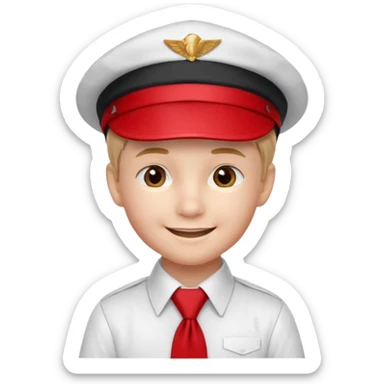 A Soviet pioneer emoji — smiling young boy wearing a white shirt with a bright red pioneer necktie and a classic red pilotka cap. The pilotka cap should fit closely to the head, without brims or side flaps, slightly folded at the top. not a cowboy hat. Flat, smooth 3D shading sticker