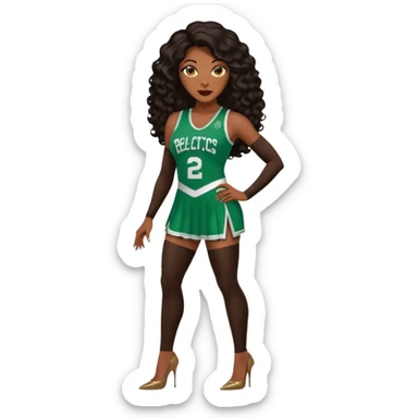 A 47-year-old dark chocolate ebony black woman with brown eyes, long body wave black brown baylaige hair dressed in sexy 
celtics jersey costume outfit and stilettos  sticker