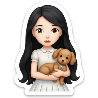 beautiful girl with long straight black hair wearing a white skirt holding a small brown curly teddy dog sticker