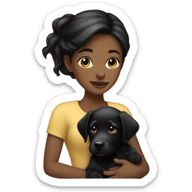 white girl with black hair holding black lab puppy sticker