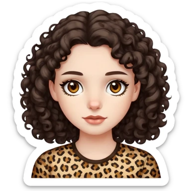 pale girl with dark brown eyes and medium length curly dark brown hair with leopard print shirt  sticker
