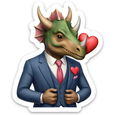 old triceratops in a suit holding a big heart sticker