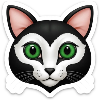 Haz una gata de ojos verdes la cara blanca con mancha negra en las orejas que agarra parte de la frente del lado der pero del iz va desde el ojo hasta la oreja la mancha, tiene la nariz negra en forma de corazón y todo lo que sobra de la cara, barbilla la nariz arriba y el lado de bigotes es blanca sticker