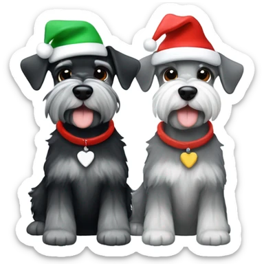 2 miniature schnauzers, 1 grey and 1 black, wearing Christmas hats with a heart sticker