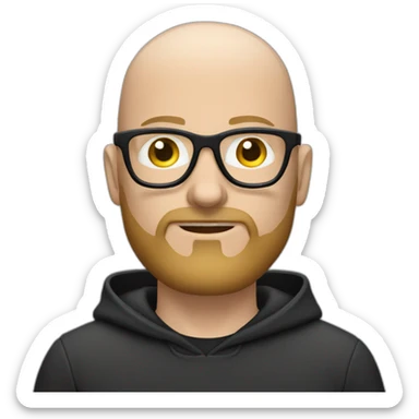 bald white man with glasses and a black beard typing on apple computer wearing a black hoodie sticker