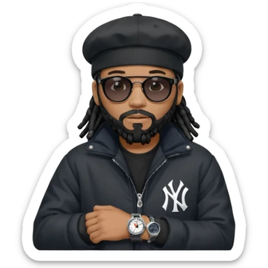 African American man with shoulder length black dreadlocks with black beard wearing black sunglasses wearing a black bubble winter coat and a New York Yankees baseball cap looking at watch sticker