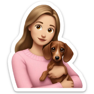 Brunette white girl with long hair in a pink sweater holds a brown and cream dachshund long haired puppy in her arms sticker