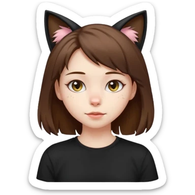 a girl with pale skin, shoulder lengh brown hair with lots of dandruff , cat ears and a tail, with a black t-shirt on sticker