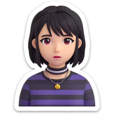 emo girl, striped shirt, layered hair, choker necklace, melancholic expression, modern emoji style sticker
