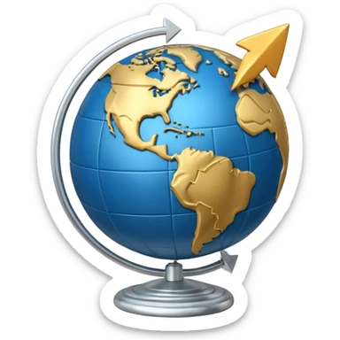 “Icon: Earth globe, circular arrows around it, a dollar coin at the top right, simple composition, single object, transparent background sticker