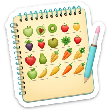 Emoji of checklist notebook with healthy food icons, nutrition planning, flat minimal emoji, pastel colors sticker