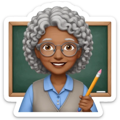 old woman teacher, brown skin, curly grey white hai, wearing glasses, hold chalk on hand sticker