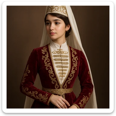 Chechen young woman, age 20, short brown hair, wearing a traditional Chechen costume, elegant pose sticker