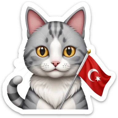 Rengi gri beyaz olan türk bayrağı sallayan kedi sticker