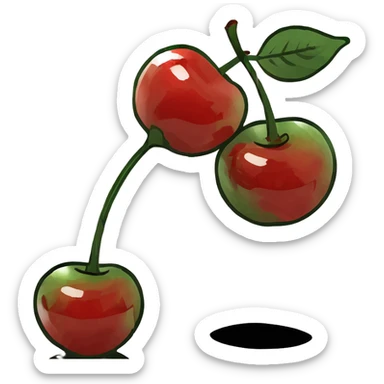 3D style pair of shiny red cherries with green stem sticker