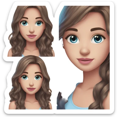 Beautiful teenage girl, long hair, brunette, Brown hair blue eyes, light pink lip color sticker